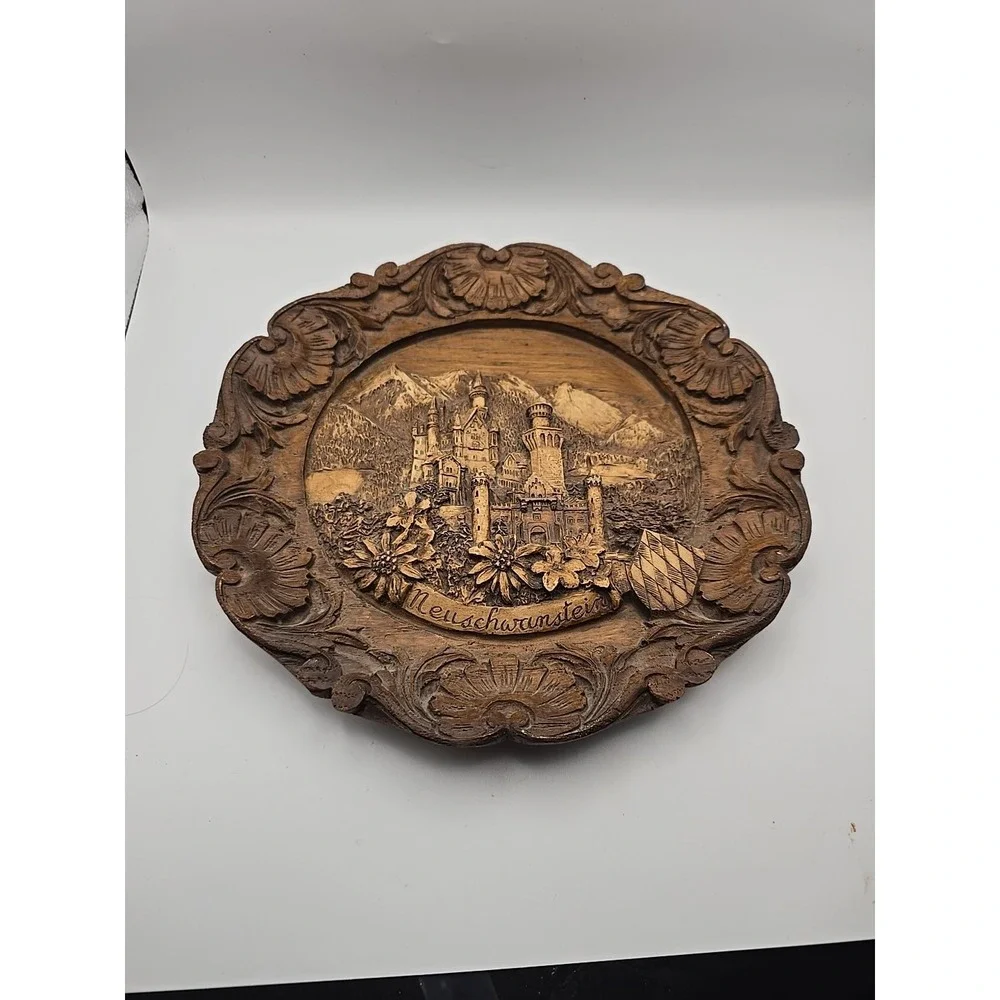 Carved Wooden Neuschwanstein Castle German Collector Plate Wall Hanging Bavaria